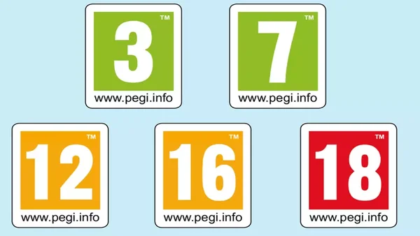 Cinq logos de classification PEGI affichant les âges 3, 7, 12, 16 et 18 sur fonds vert, orange et rouge, utilisés pour la régulation des jeux vidéo en Europe