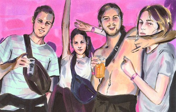 Illustration de Sylvain Bordesoules présentée dans le cadre des Cimaises ADAGP, représentant quatre jeunes adultes lors d'une soirée, dont un homme torse nu tenant un verre sur fond rose