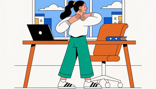 Illustration éditoriale plate montrant une jeune femme debout à côté de son bureau qui s'étire la nuque et fait rouler ses épaules lors d'une micro-pause active entre deux tâches, chaise reculée, ordinateur portable ouvert et agenda posé sur le bureau, vue de côté en plan moyen dans un bureau lumineux, ambiance calme et énergisante.