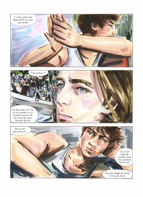 Planche de la bande dessinée Nycthémère - Arpenter le jour et la nuit de Sylvain Bordesoules composée de trois cases peintes montrant deux jeunes hommes en conversation