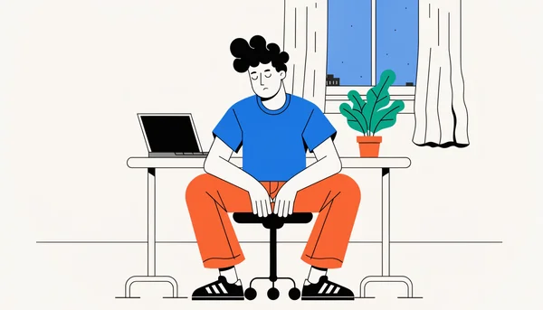 Illustration éditoriale plate montrant un jeune homme assis à son bureau les yeux fermés en train de faire une micro-pause de respiration en pleine conscience, mains posées sur les genoux, ordinateur en veille à côté et petite plante sur le bureau, vue de face en plan moyen, atmosphère sereine et apaisante.