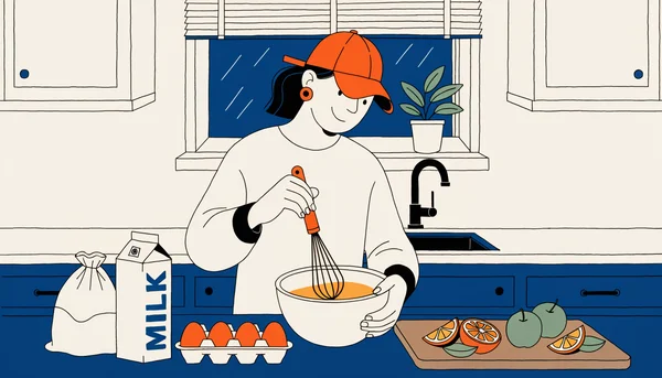 Illustration d'un jeune adulte dans une petite cuisine le soir, préparant à l'avance la pâte à pancakes dans un grand bol et découpant des fruits de saison sur une planche, avec lait, farine et œufs posés sur le plan de travail, ambiance calme et organisée.