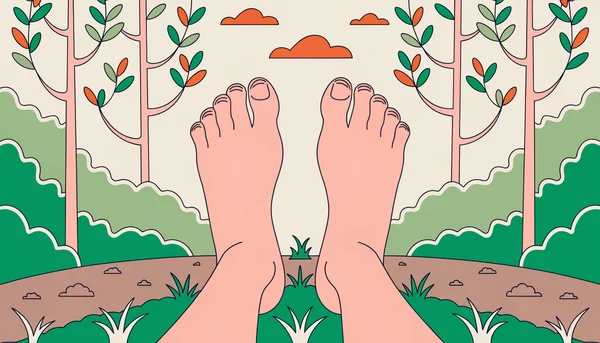 Illustration éditoriale en gros plan centré sur les pieds nus d'une personne marchant lentement sur de l'herbe naturelle et de la terre souple dans un parc ensoleillé, montrant le déroulé du pied du talon vers la pointe et le contact direct de la peau avec le sol.