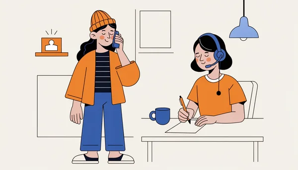 Illustration éditoriale plate en 2D montrant une négociation téléphonique entre un client à domicile tenant un smartphone à l'oreille et une conseillère du service fidélisation avec casque assise à un bureau, composition partagée en vue frontale à hauteur des yeux, avec une petite box internet en arrière-plan pour évoquer le forfait mobile et internet, tons chaleureux et professionnels.