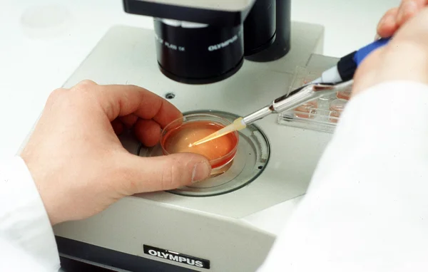 Un technicien en blouse blanche utilise une pipette pour transférer du liquide dans une boîte de Petri sous un microscope Olympus lors d'une procédure de procréation médicalement assistée