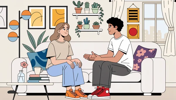 Illustration plate d'un couple jeune adulte habillé assis côte à côte sur un canapé dans un salon lumineux, en train de discuter calmement des limites et du consentement en dehors du moment intime, vue de côté, ambiance chaleureuse et bienveillante.
