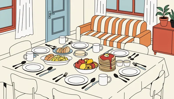 Illustration éditoriale en vue légèrement plongeante d’une table de brunch en buffet pour six personnes dans un appartement lumineux, avec le côté salé présentant des œufs brouillés, de la baguette tranchée et du fromage frais, et le côté sucré une pile de pancakes, des fruits de saison coupés et des yaourts, six couverts dressés.