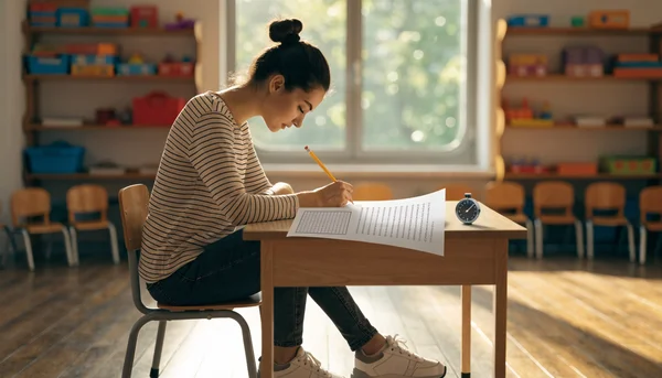 Illustration d'une jeune candidate au concours externe ATSEM assise seule à un bureau dans une salle de maternelle vide et lumineuse, concentrée sur la préparation du QCM d'admissibilité de 20 questions en 45 minutes.