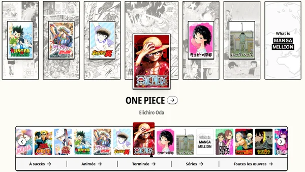 Visuel promotionnel de la plateforme Manga Million de l'éditeur Shueisha qui fête ses 100 ans, présentant les couvertures de mangas phares comme One Piece, Naruto et Demon Slayer proposés gratuitement et légalement en ligne