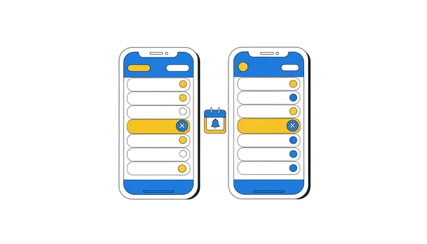 Illustration éditoriale en style plat de deux smartphones côte à côte affichant les gestionnaires d'abonnements iPhone et Android avec un bouton d'annulation mis en évidence, accompagnés d'une icône de calendrier avec cloche de rappel pour illustrer la résiliation et l'anticipation de la fin des essais gratuits.