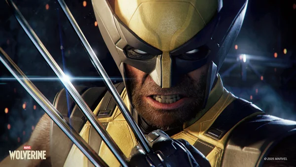 Gros plan promotionnel du jeu Marvel's Wolverine montrant Wolverine en costume jaune et bleu emblématique, les griffes en adamantium déployées, avec le logo Marvel Wolverine en bas à gauche