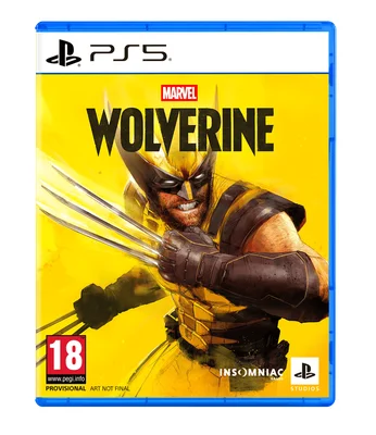 Visuel promotionnel du jeu vidéo Marvel's Wolverine montrant le personnage Wolverine avec ses griffes déployées sur un fond jaune, avec les logos PS5, PEGI 18 et Insomniac Games