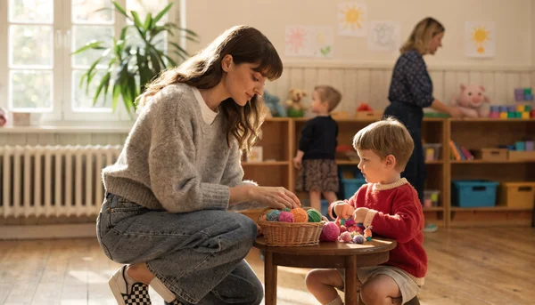 Illustration d'une jeune ATSEM agenouillée à une petite table dans une salle de classe lumineuse d'école maternelle, aidant une petite fille de 4 ans lors d'une activité manuelle avec du matériel pédagogique coloré, avec une enseignante en arrière-plan.