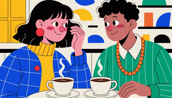 Illustration d'un jeune homme et d'une jeune femme assis face à face à une table de café, se regardant longuement en souriant. La femme replace une mèche de cheveux, l'homme se penche légèrement vers elle dans une posture attentive, scène en plan rapproché sur les visages et le haut du corps.