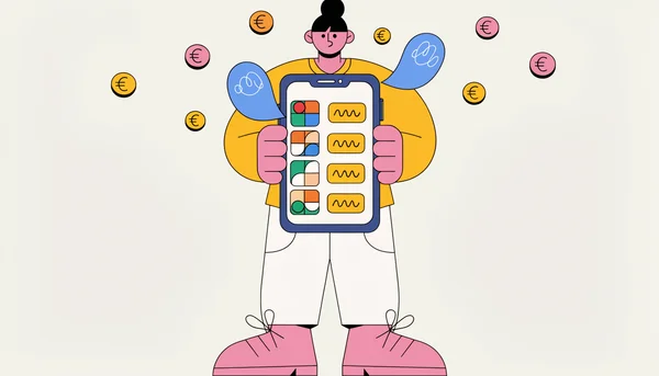 Illustration éditoriale en style plat d'une personne tenant un grand smartphone qui affiche une liste d'abonnements, avec des icônes d'applications en forme de fantômes et des pièces en euros qui s'envolent au-dessus de l'écran pour illustrer les abonnements fantômes et leur coût mensuel.