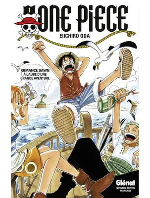 Couverture du tome 1 de One Piece, À l'aube d'une grande aventure, montrant le jeune Monkey D. Luffy avec son chapeau de paille, manga emblématique de l'éditeur Shueisha qui fête ses 100 ans