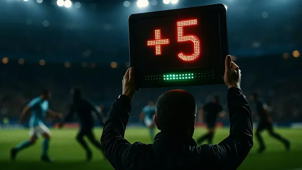 Un quatrième arbitre brandit un panneau numérique affichant '+5' pour indiquer le temps additionnel lors d'un match de football, avec des joueurs visibles en arrière-plan, illustrant le temps additionnel et les prolongations