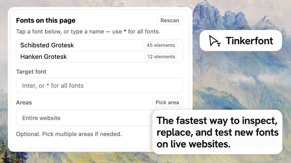Graphique promotionnel de la page Politique de confidentialité de Tinkerfont montrant un panneau d'interface pour inspecter et remplacer les polices d'un site web, superposé à un paysage de montagnes brumeuses
