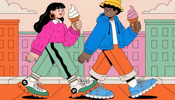 Illustration d'un jeune couple habillé marchant côte à côte dans une rue en ville lors d'un premier rendez-vous décontracté, dégustant une glace et discutant en souriant, vue de côté en plan moyen.