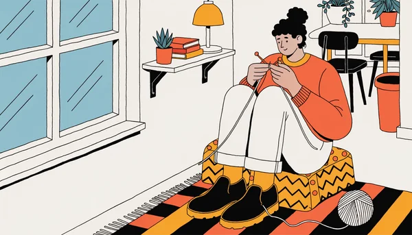 Un coin personnel dans un petit appartement où une personne tricote sur un coussin près d'une fenêtre, avec une étagère murale dédiée à ses affaires, illustrant comment préserver son espace individuel tout en partageant un chez-vous à deux.