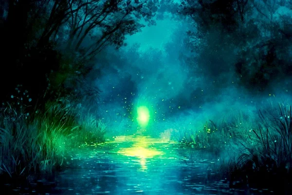 Flammes fantômes bleutées vacillant au-dessus d'un marécage nocturne et brumeux, phénomène mystérieux qui terrifie les villages depuis le Moyen Âge