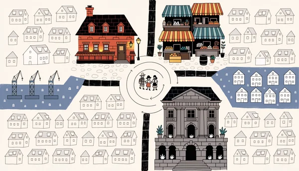 Illustration éditoriale en vue de dessus d'une ville de jeu de rôle compacte où seule une ossature de trois lieux jouables est détaillée en couleur — taverne, marché et temple-tribunal — reliés par une rue, une place et une ruelle, tandis que des dizaines de bâtiments restent en contours pâles et qu'une flèche en spirale part du groupe de personnages au centre pour montrer la préparation allégée en spirale autour des PJ.