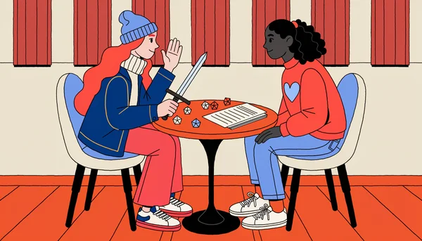 Deux joueuses autour d'une petite table de jeu de rôle dans une auberge chaleureuse, l'une incarnant un héros muet par un geste lisible — paume ouverte en signe de protection et main posée sur la garde de l'épée — tandis que l'autre l'écoute avec attention, dés et fiches de personnage posés au centre.