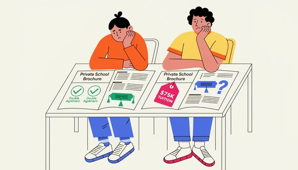 Illustration éditoriale plate d'une étudiante et d'un parent comparant à table deux brochures d'écoles privées, l'une avec deux sceaux d'agrément et l'autre avec un diplôme incertain et des frais élevés, illustrant le double agrément prévu par le projet de loi.