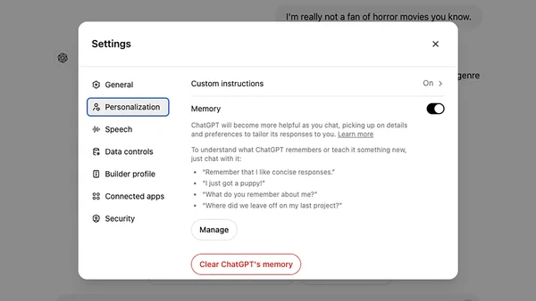 Capture d'écran des paramètres de ChatGPT dans l'onglet Personnalisation avec la fonction Mémoire activée et les options pour gérer ou effacer la mémoire de l'IA