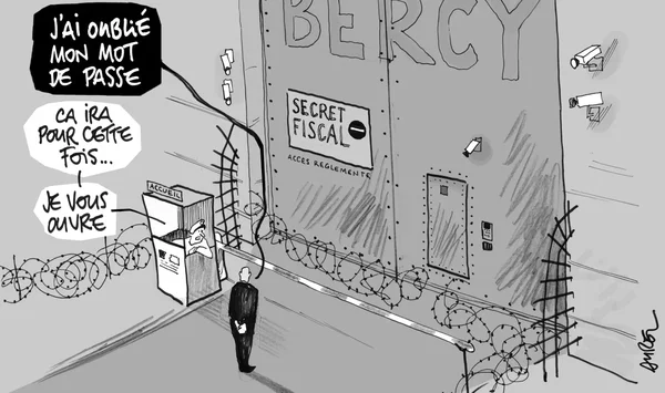 Dessin de presse en noir et blanc du Canard enchaîné montrant un homme en costume devant une porte blindée massive étiquetée BERCY et SECRET FISCAL, gardée par un poste de sécurité et des barbelés, illustrant les failles numériques qui paniquent le gouvernement