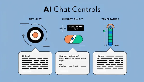 Illustration en style plat propre montrant une interface de chat IA sur un écran minimaliste, avec trois icônes de réglage claires : un symbole de réinitialisation pour une nouvelle conversation, un bouton bascule pour la mémoire, et un curseur pour la température, sur un fond bleu clair sans texte.