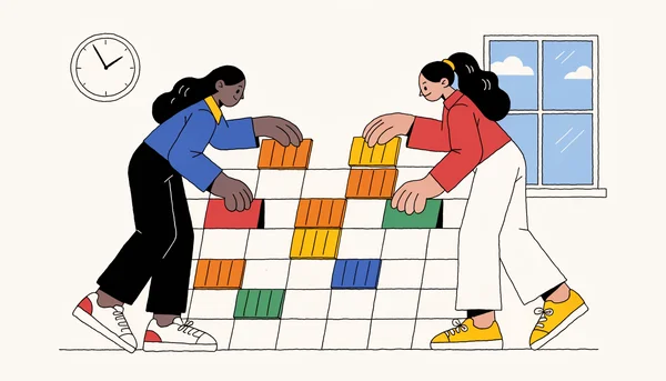 Illustration éditoriale en aplats montrant deux personnels de l'Éducation nationale réorganisant le calendrier des épreuves 2027 dans un bureau, penchés sur un grand calendrier où les créneaux d'examen sont concentrés le matin, avec une horloge indiquant 9 heures et une lumière matinale à la fenêtre, vue de côté à hauteur des yeux.