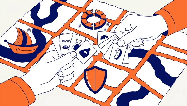 Illustration d'une carte de ville avec trois pions de factions — Guilde du Fleuve, Garde et Cercle — accompagnés d'icônes d'objectifs, ressources et influence, et des mains qui dispersent de petites cartes à indices courts au-dessus de différents lieux pour montrer des secrets largables et réutilisables où cela fait sens.