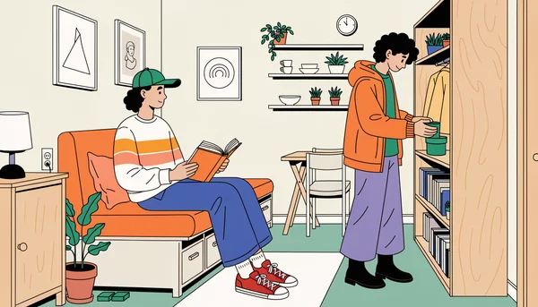Un intérieur de studio bien aménagé avec un couple young adult, où un meuble-cloison multifonction divise l'espace et un canapé-lit de rangement offre un espace de vie confortable, illustrant l'optimisation des mètres carrés pour vivre à deux sans encombrement.