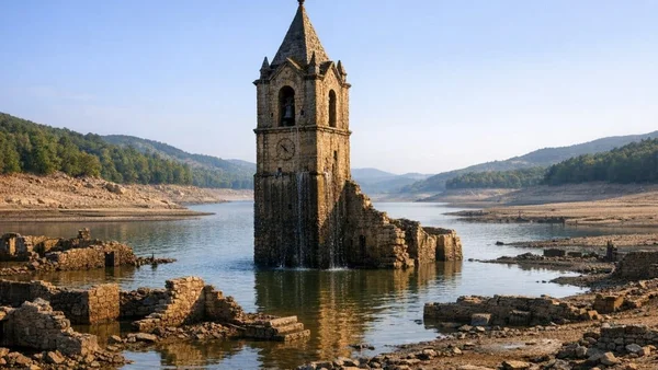 Clocher en pierre partiellement submergé de l'église de San Juan de Ganame en Espagne, émergeant des eaux du réservoir de Ricobayo entouré de ruines.