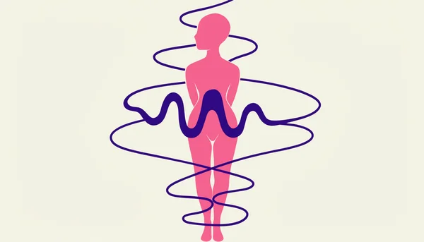Illustration éditoriale montrant une silhouette féminine en profil avec une ligne ondulée stylisée qui encercle son corps, symbolisant les fluctuations du désir sexuel au cours des phases du cycle menstruel, avec un pic au centre représentant l'ovulation.