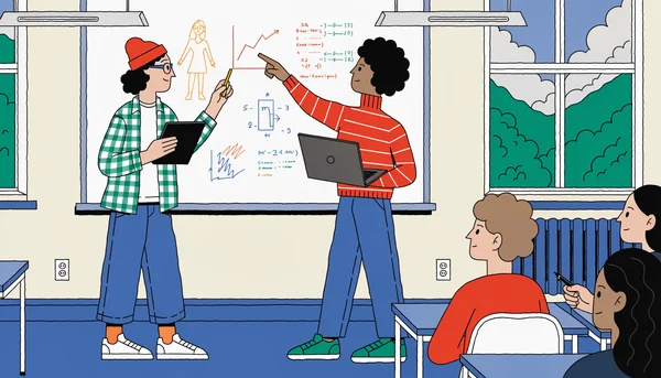 Illustration montrant un artiste et un enseignant-chercheur co-animant un module devant des étudiants dans une salle de classe universitaire.