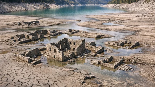 Ruines d'un village englouti depuis 1952 en France, avec des structures en pierre émergeant des eaux lors d'une vidange du barrage sur un sol fissuré.