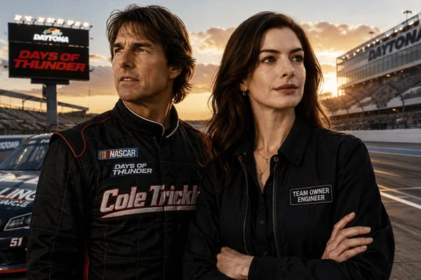 Anne Hathaway et Tom Cruise debout sur un circuit automobile, portant des tenues de course et de propriétaire d'équipe, avec des éléments de marque 'Days of Thunder' visibles.