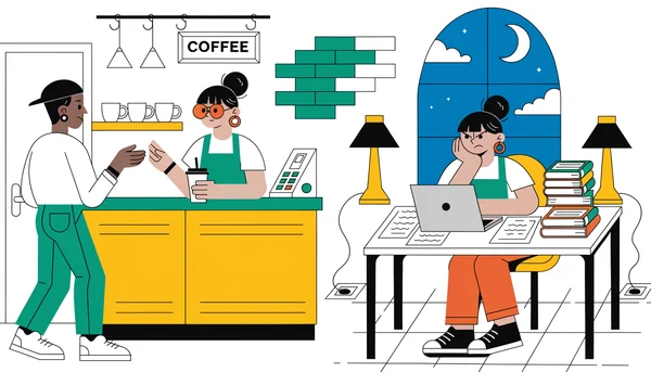 Illustration montrant la double vie d'un étudiant salarié : à gauche, il travaille comme serveur dans un café ; à droite, il étudie tard le soir à la bibliothèque, mettant en évidence la nécessité de concilier emploi et études.