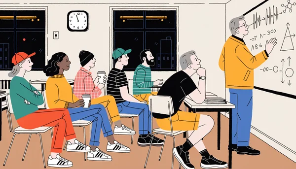 Illustration en aplats montrant un cours du soir dans une université. Un groupe d'étudiants adultes écoute un professeur devant un tableau, avec une horloge indiquant 19h30, symbolisant l'adaptation des horaires pour les étudiants salariés.