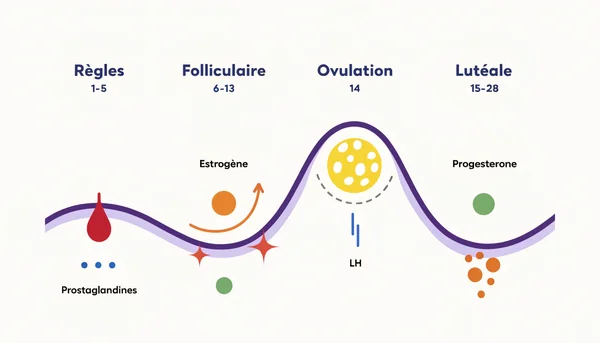 Illustration infographique montrant les quatre phases du cycle menstruel (règles, folliculaire, ovulation, lutéale) avec une courbe représentant le niveau de désir sexuel, culminant au moment de l'ovulation.