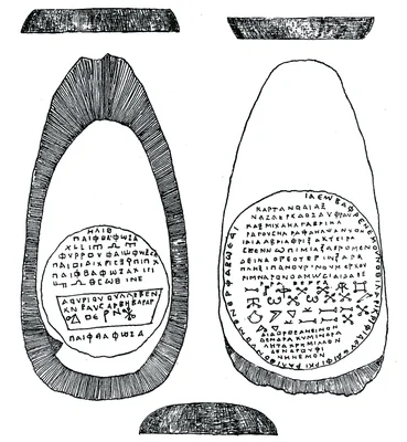 Illustration en noir et blanc montrant deux vues d'un artefact ancien, probablement une tablette de plomb ou un talisman à inscriptions grecques et symboles magiques.