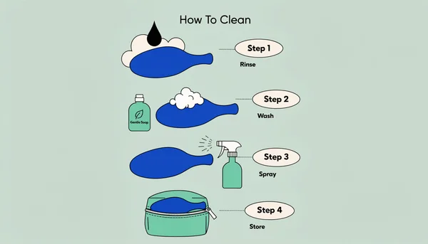 Illustration montrant un sextoy en silicone médical avec une goutte d’eau, une bouteille de savon doux, un spray nettoyant et une pochette de rangement, organisés verticalement sur fond vert pâle pour illustrer les étapes d’hygiène.