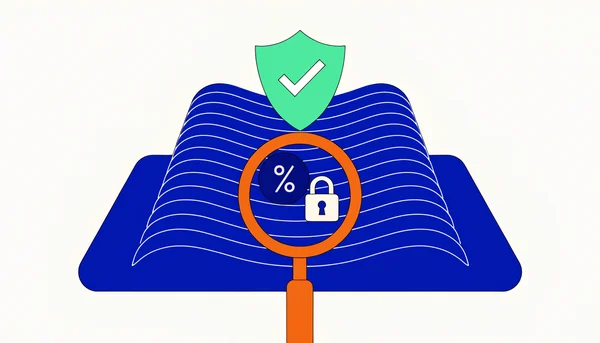 Illustration plate et colorée d'une loupe grossissant un contrat de prêt immobilier, révélant des frais cachés et un symbole de protection.