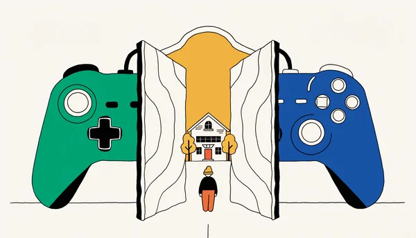 Illustration représentant la fin de la guerre des consoles : une manette Xbox et une manette PlayStation laissent passer un studio indépendant vers un nouvel horizon.