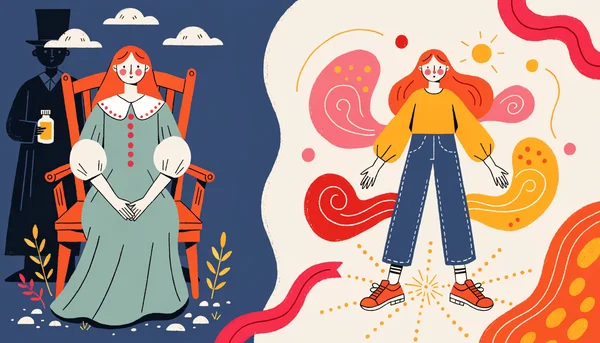Illustration en deux parties montrant le contraste entre la répression historique et la libération moderne : à gauche, une femme du XVIIIe siècle en position rigide avec un médecin ombreuse, à droite, la même femme debout confiante entourée de formes abstraites représentant la liberté et l'amour-propre.