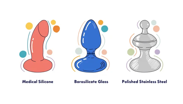 Illustration montrant trois sextoys en matériaux sûrs pour débuter : un gode en silicone médical, un plug en verre borosilicaté et un plug en acier inoxydable, disposés sur fond blanc avec des formes géométriques colorées.
