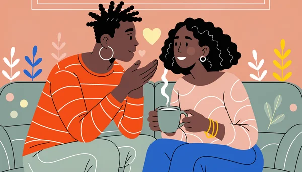 Un couple partage un fantasme en toute confiance, symbolisé par un cœur lumineux entre eux.