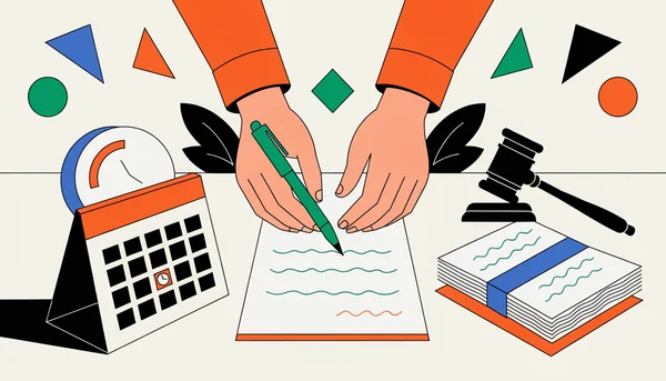 Illustration plate et colorée de mains tenant un stylo au-dessus d'une offre de prêt, avec un calendrier et un marteau de juge pour évoquer le délai de réflexion et les recours légaux.